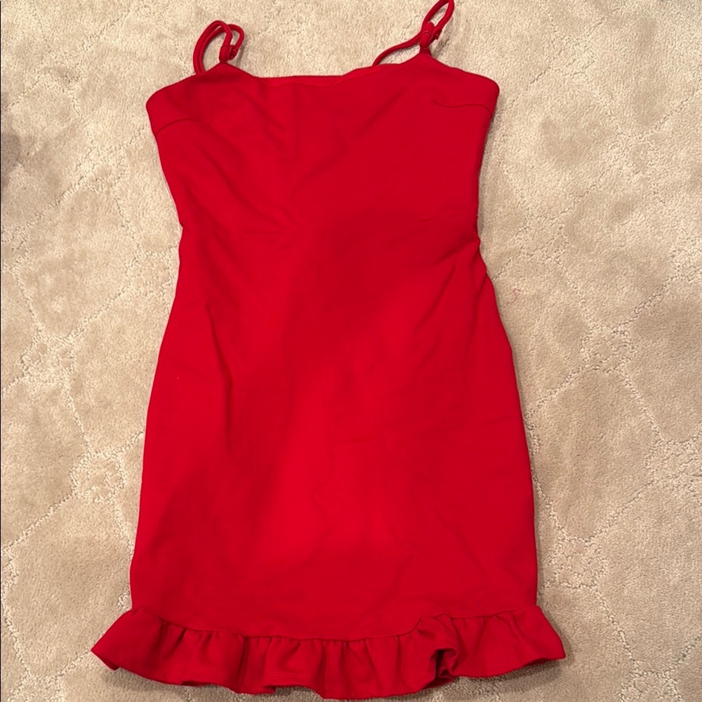 Red Sleeveless Dress with Ruffle Hem XS